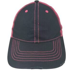 Black Pink Baseball Cap Mesh Back Strapback Hat OS Distressed Contrast Stitching